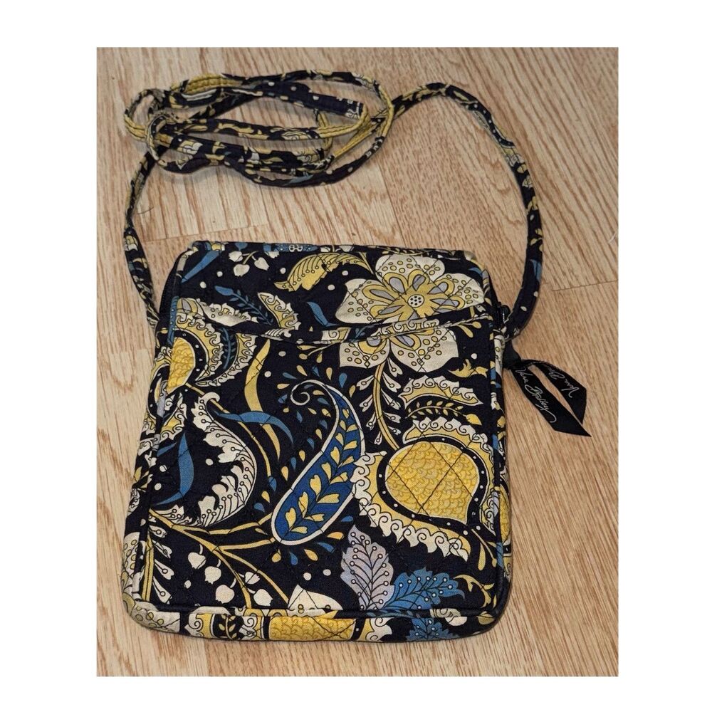 Vera Bradley Quilted Floral Crossbody Bag Purse Navy Blue Yellow w/ Strap